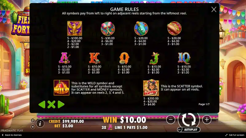 Simboluri și paytable Fiesta Fortune - vultur, maracas, tacos, chili wild