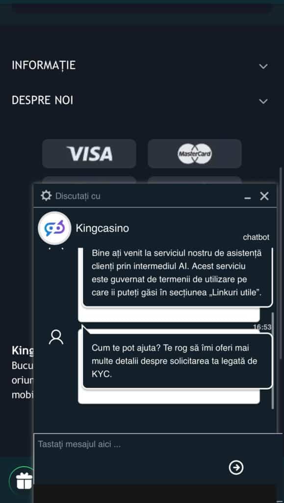 Pagina de contact și suport King casino - live chat, email, telefon