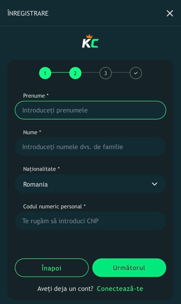 Înregistrare King casino pasul 2 - confirmare date și telefon