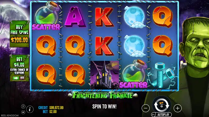 Scatter si Lightning Free Spins in Frightening Frankie - declansare rotiri gratuite