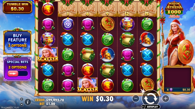 Funcția de rotiri gratuite Wisdom of Athena 1000 Xmas - 4 simboluri Scatter activate pe ecran