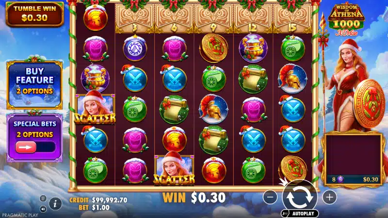 Funcția de rotiri gratuite Wisdom of Athena 1000 Xmas - 4 simboluri Scatter activate pe ecran