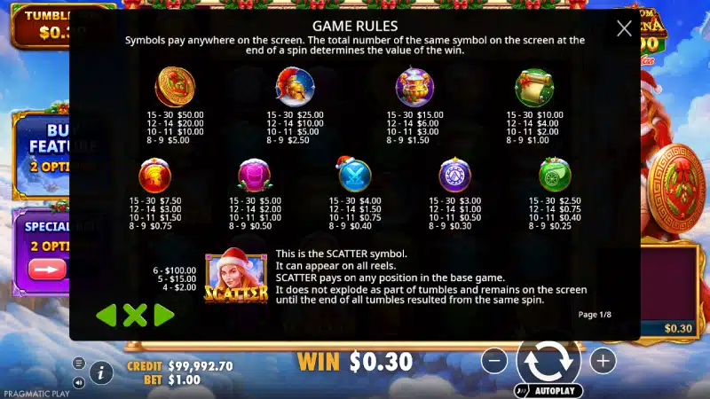 Simboluri și plăți Wisdom of Athena 1000 Xmas - tabel paytable cu armuri, cupe și scuturi