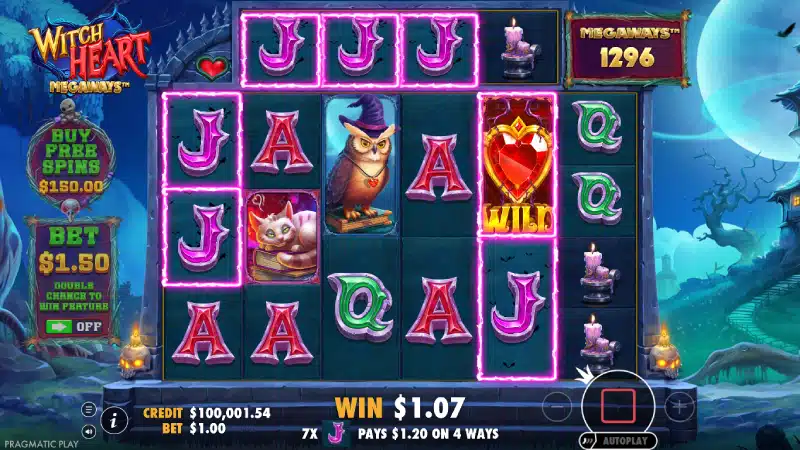 Simboluri Witch Heart Megaways - vrăjitoare, bufniță, pisică, cazan și poțiuni pe grila Megaways