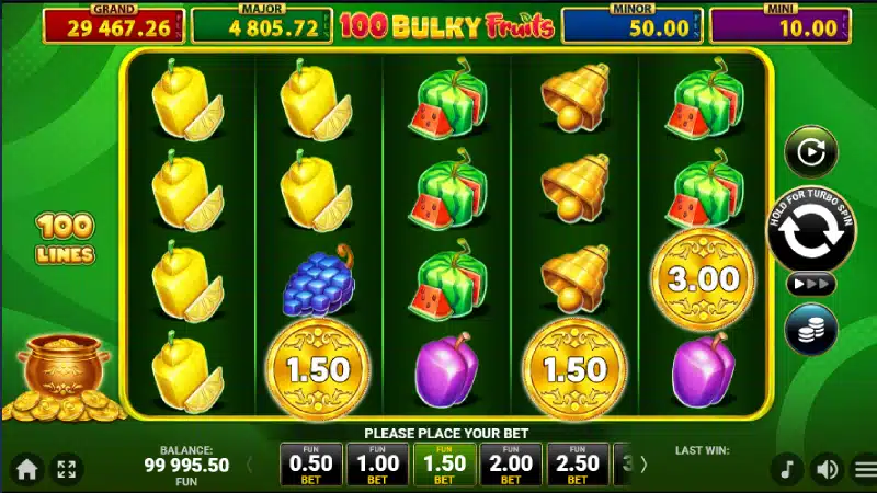 Monede cu valoare colectate în funcția Golden Coins Link jackpot din 100 Bulky Fruits