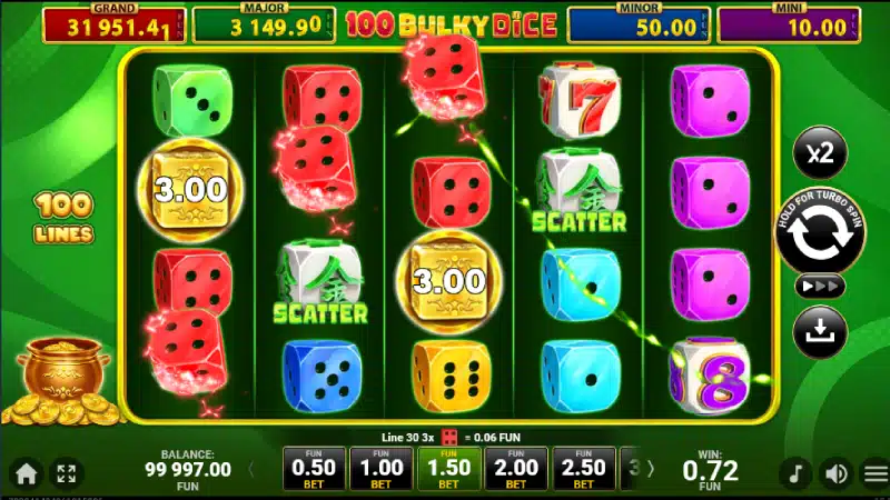 Tabel plăți și combinații câștigătoare 100 Bulky Dice Golden Coins Link cu valori per simbol