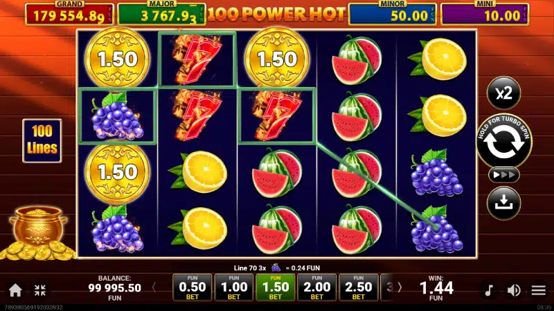 Gameplay 100 Power Hot Golden Coins Link - grilă 5 role 4 rânduri cu fructe