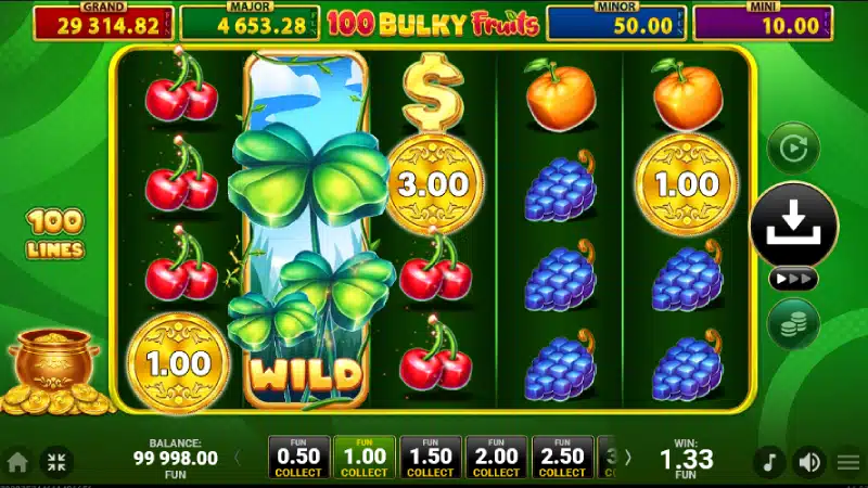 Expanding Wild trifoi activat pe rolă în 100 Bulky Fruits Golden Coins Link Amusnet
