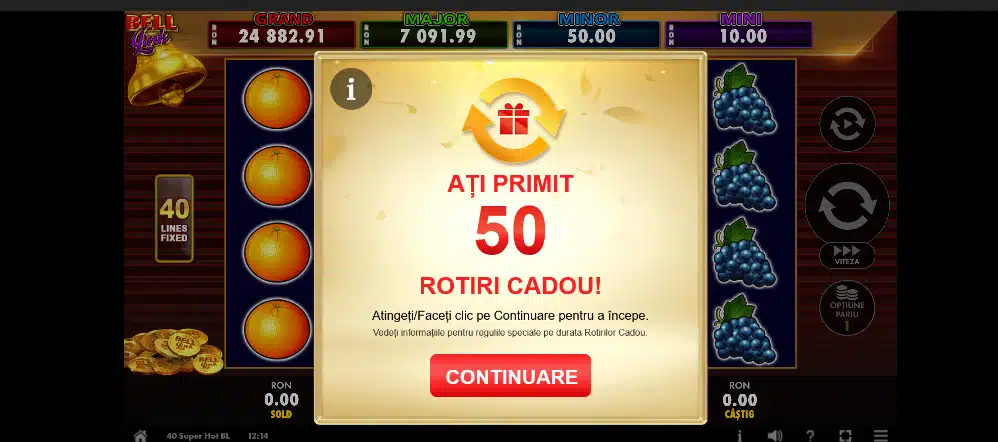 Bilion bonus fără depunere activat: mesajul „Ați primit 50 rotiri cadou" afișat pe slotul 40 Super Hot Bell Link, cu jackpot-urile Bell Link vizibile