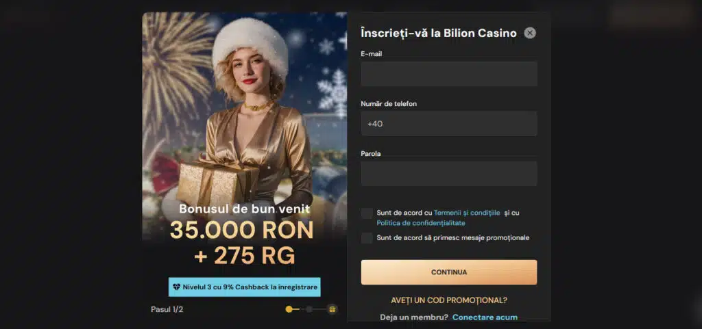 Formular de înregistrare Bilion Casino pasul 1: câmpuri e-mail, telefon și parolă, cu bonusul de bun venit de 35.000 RON + 275 rotiri gratuite afișat în stânga