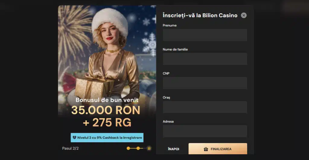 Formular de înregistrare Bilion Casino pasul 2: câmpuri prenume, nume de familie, CNP, oraș și adresă, cu butonul Finalizarea