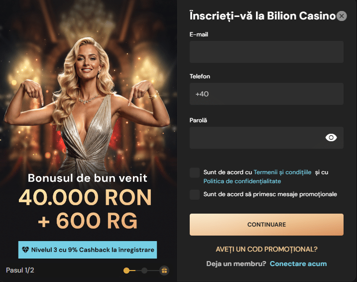 Înregistrare Bilion casino, primul ecran cu e-mail, telefon și parolă