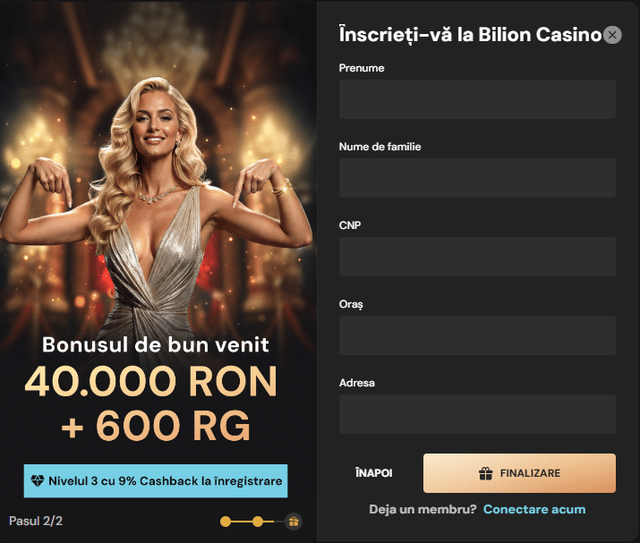 Înregistrare Bilion casino, al doilea ecran cu nume, CNP și adresă