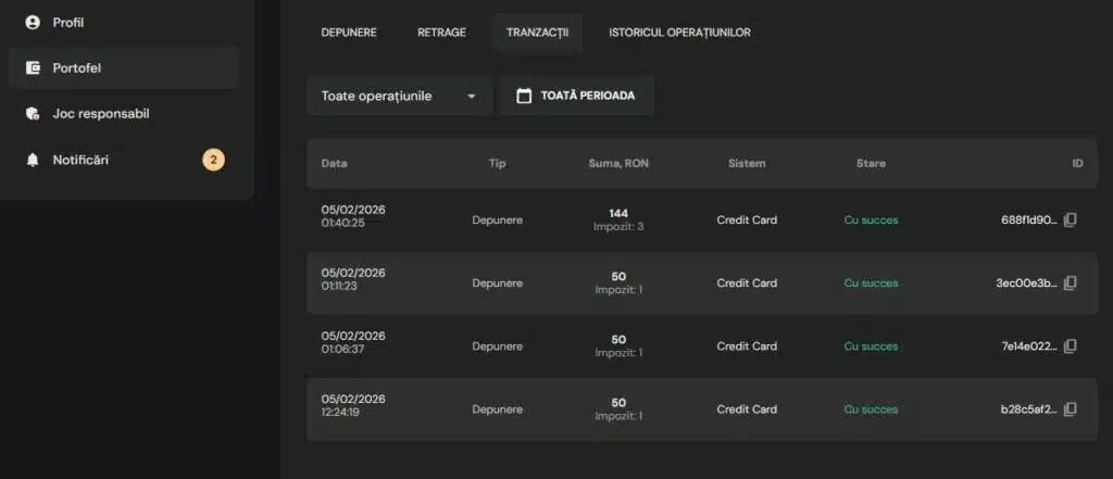 Istoric tranzacții Bilion Casino din testul echipei cazino.ro: depuneri de 50 și 144 RON via card, toate cu status „Cu succes" pe 05.02.2026