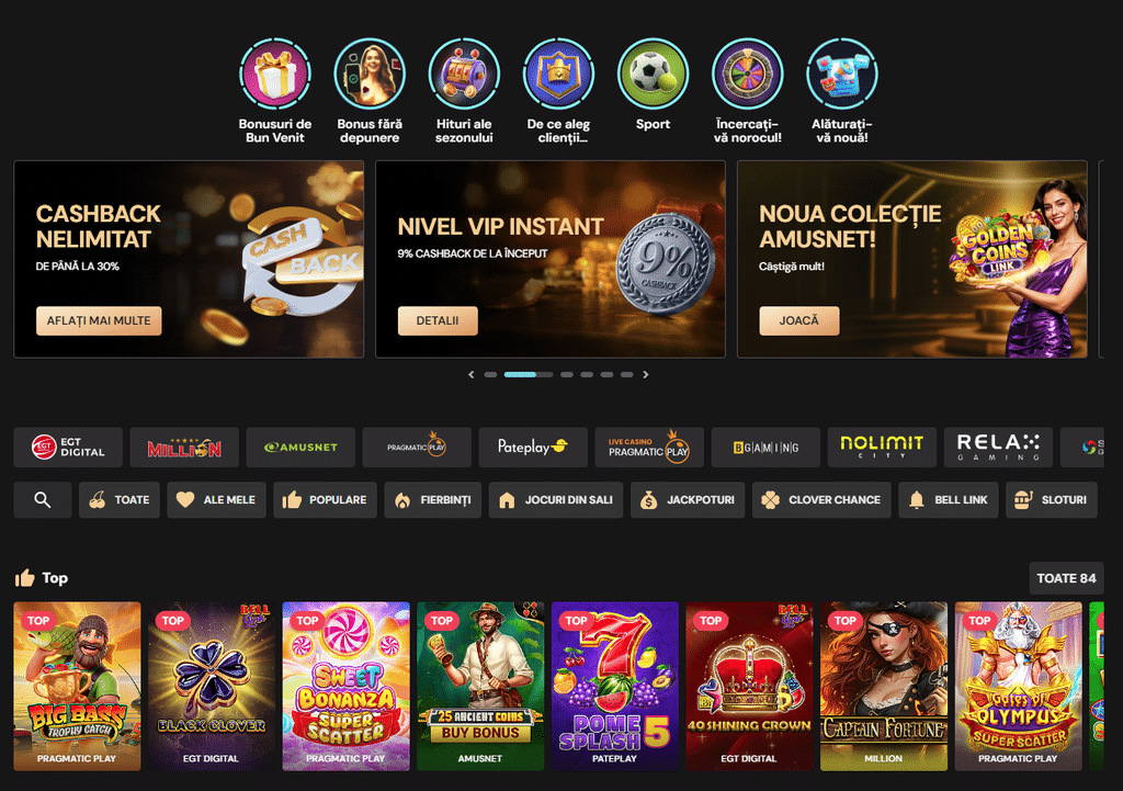 Lobby-ul Bilion casino, cu păcănelele și secțiunile principale.