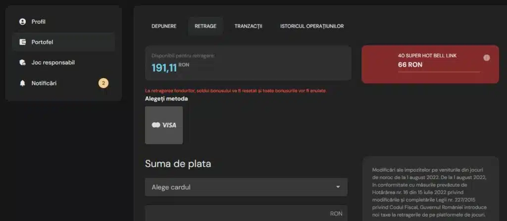 Pagina de retragere Bilion Casino: sold disponibil 191,11 RON, metoda Visa selectată, cu bonusul 40 Super Hot Bell Link de 66 RON vizibil