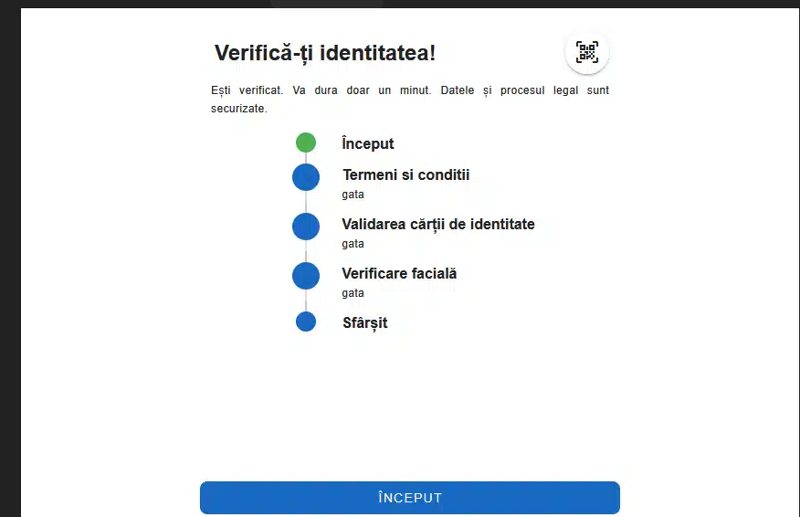 Verificare identitate Bilion Casino finalizată: toți pașii marcați ca gata (termeni, validare carte de identitate, verificare facială)