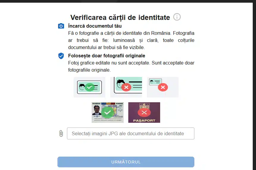 Verificare KYC Bilion Casino: pagina de încărcare a cărții de identitate, cu instrucțiuni pentru fotografie clară și originală