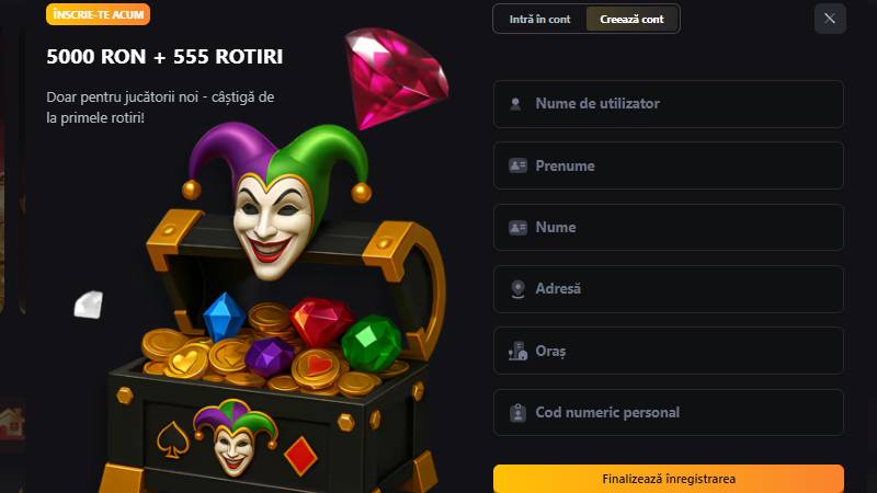 Al doilea ecran de înregistrare Joker Casino, cu nume, adresă și CNP