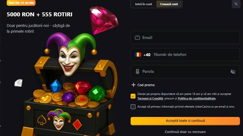 Primul ecran de înregistrare Joker Casino, cu e-mail, telefon și parolă