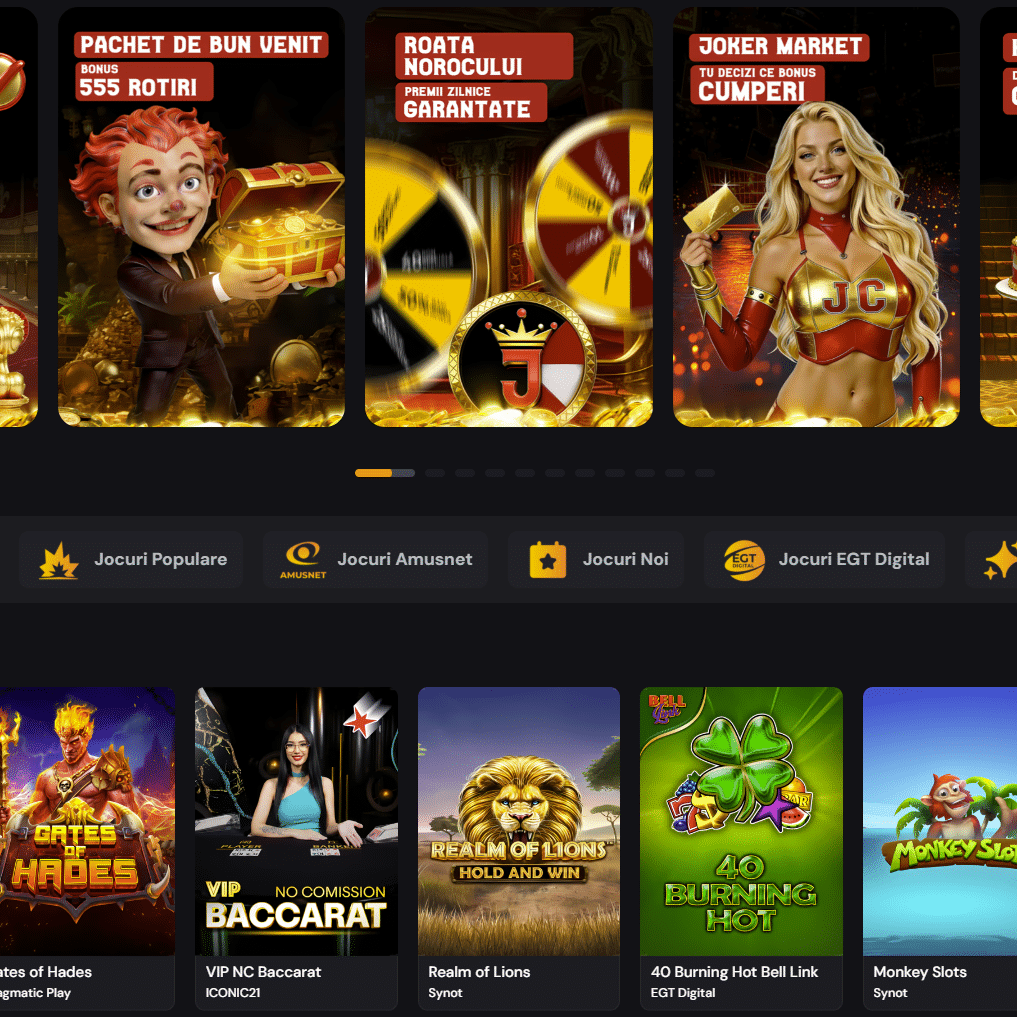Lobby-ul Joker Casino, cu păcănelele și meniul de jocuri