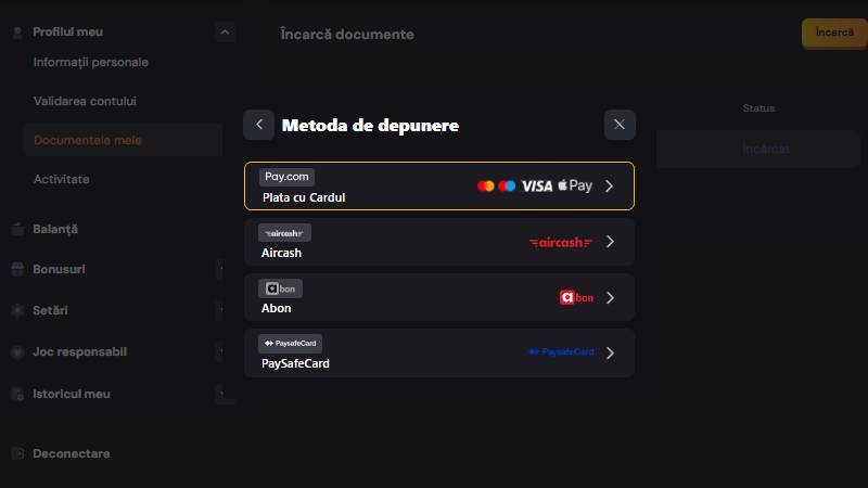 Metodele de depunere din casieria Joker Casino, card, Aircash, Abon și Paysafecard