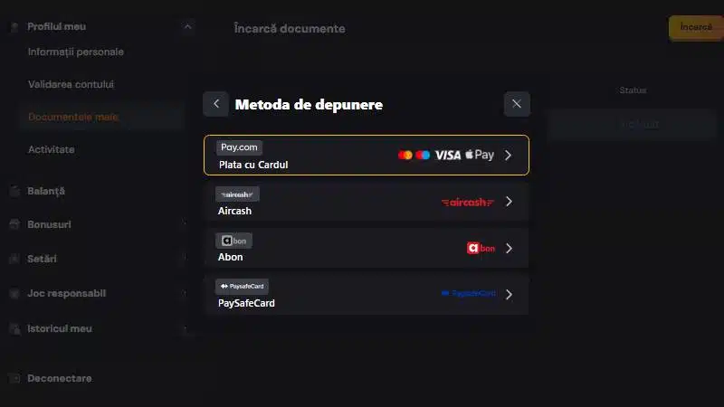 Joker Casino - metode de depunere în casierie (Pay.com, Aircash, Abon, Paysafecard)