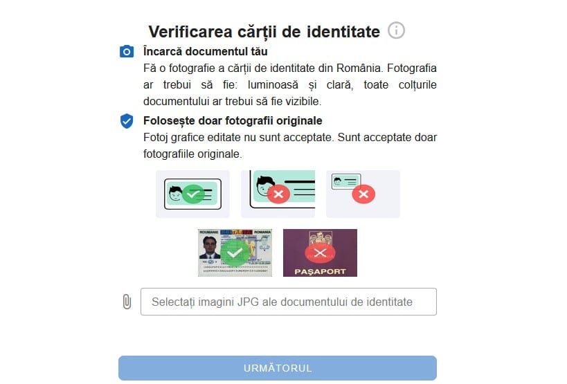 Încărcarea cărții de identitate la verificarea Bilion