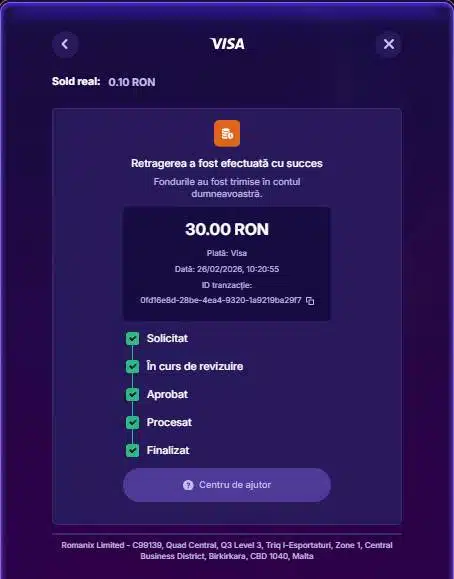 Retragere Zinx casino finalizată - 30 RON pe Visa, toți cei 5 pași confirmați (Solicitat, Revizuit, Aprobat, Procesat, Finalizat)