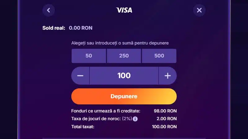 Exemplu depunere Zinx casino pe Visa - 100 RON depus, 98 RON creditat, taxa 2% vizibilă
