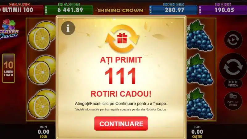 Joker Casino 111 rotiri gratuite cadou la Shining Crown Clover Chance – mesaj afisat la deschiderea jocului
