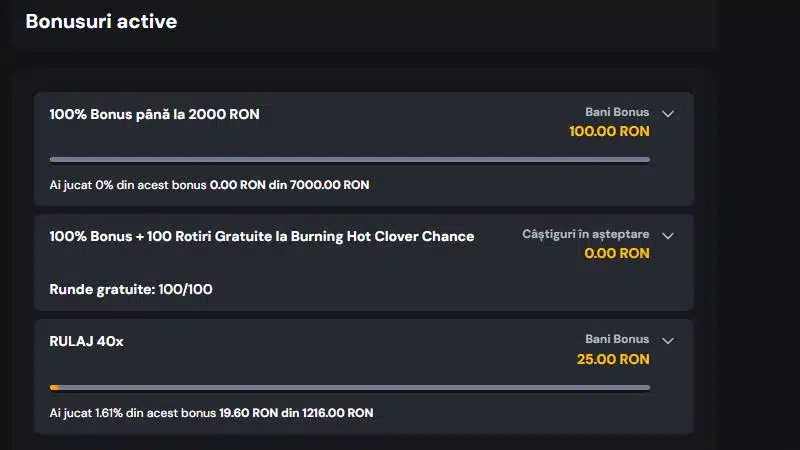Dovadă din cont: bonusul fără depunere (RULAJ 40x, 25 RON) activ simultan cu bonusurile de bun venit