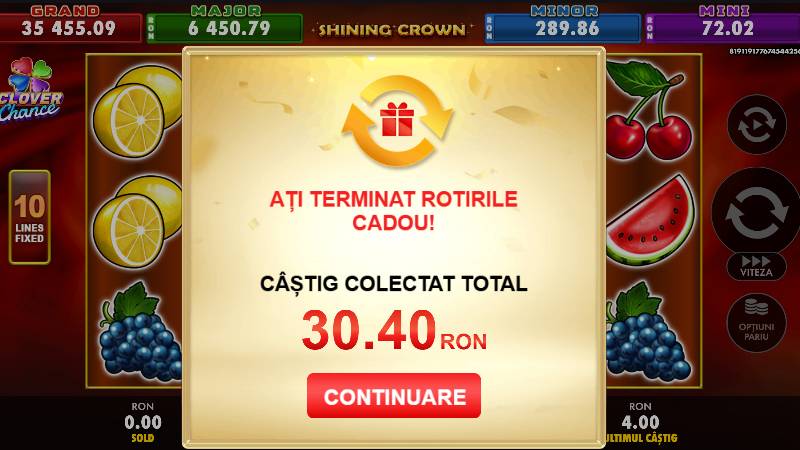 Câștigul de 30,40 RON din cele 111 rotiri gratuite, creditat ca bonus cu rulaj 40x