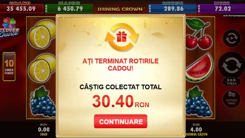 Câștigul obținut din cele 111 rotiri gratuite: 30,40 RON, creditați ca bonus cu rulaj 40x