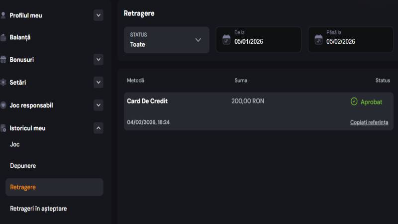 Retragere cu status Aprobat în istoricul Joker Casino, la un minut de la cerere