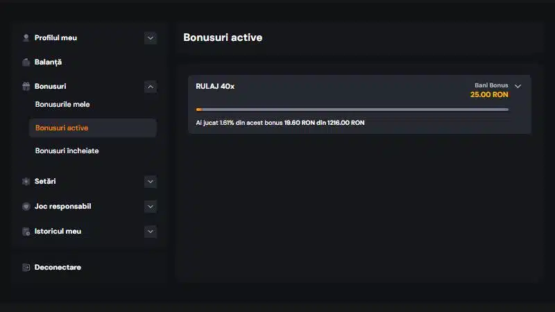 Progresul rulajului în „Bonusuri active"