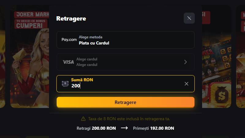 Retragere de test la Joker Casino, 200 RON cu reținere de 4%, adică 192 RON primiți