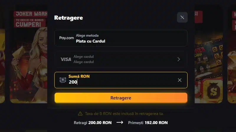 Retragere test: 200 RON, taxă 4% (8 RON), primești 192 RON