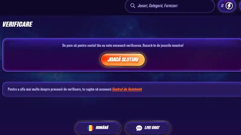 Mesaj în contul Zinx casino după verificarea KYC - contul nu mai necesită verificare suplimentară
