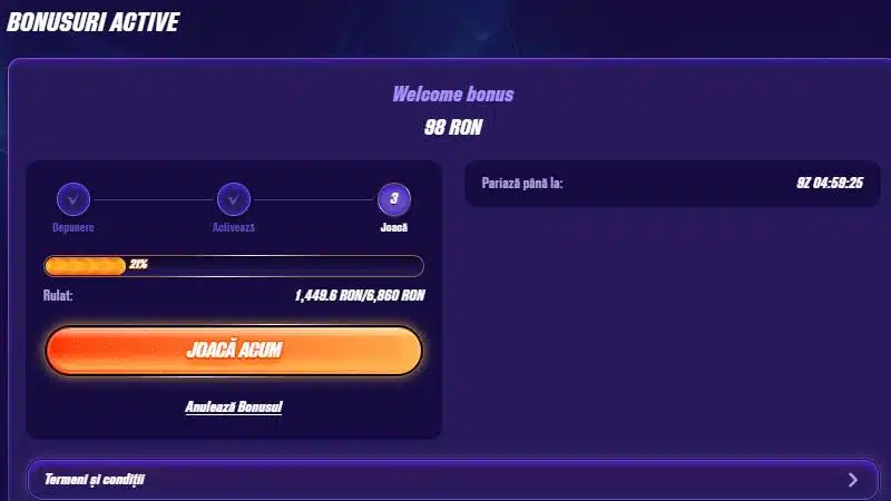 Bonus activ Zinx casino - progres rulaj 21%, sold 1.449 RON din 6.860 RON, countdown 9 zile