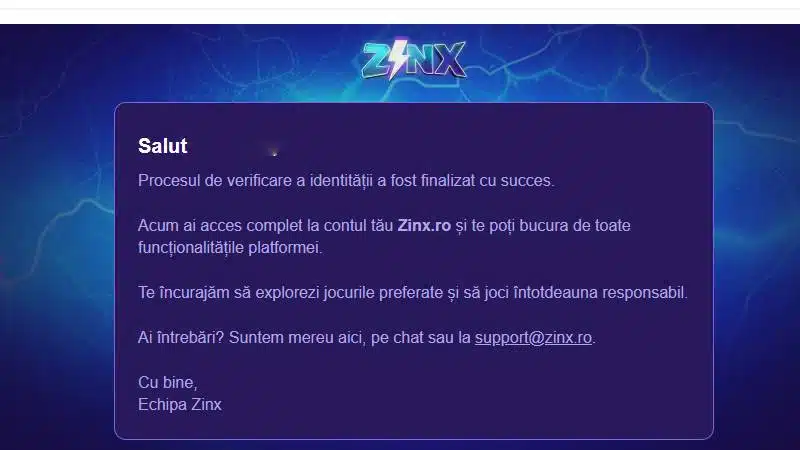Email de confirmare verificare KYC Zinx casino - procesul finalizat cu succes