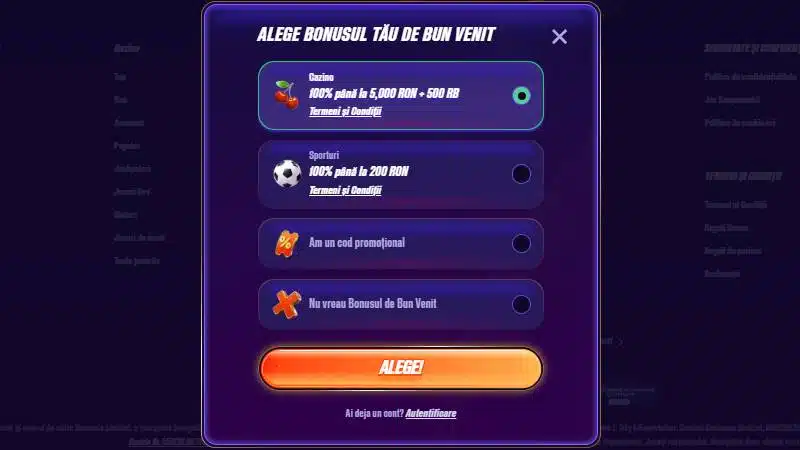 Primul pas de înregistrare la Zinx casino - selectare bonus de bun venit cu T&C vizibile