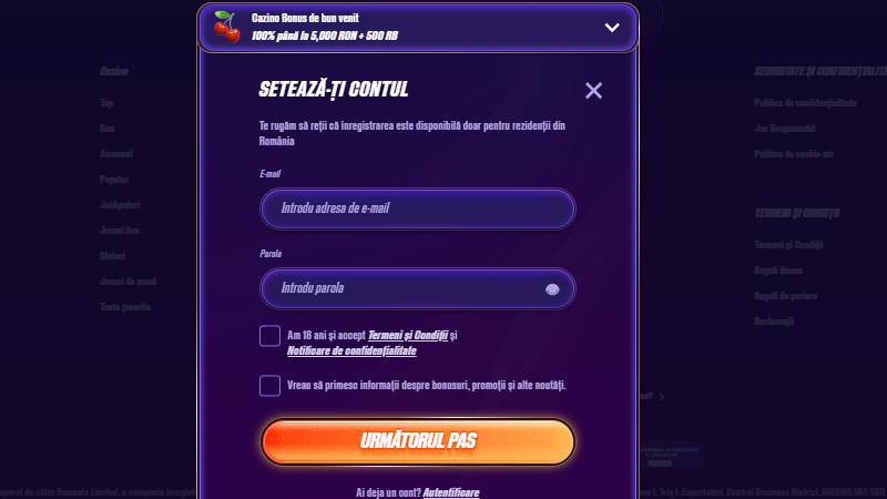 Pasul 2 de înregistrare Zinx casino, cu email, parolă și acceptarea termenilor