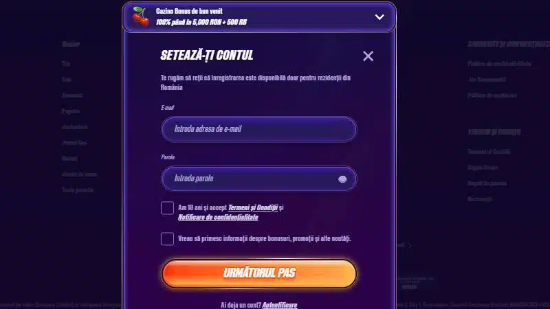 Pasul 2 de înregistrare Zinx casino - câmpuri email, parolă și bifă Termeni și Condiții
