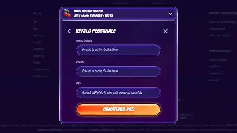 Pasul 3 de înregistrare Zinx casino - câmpuri nume, prenume si cnp.