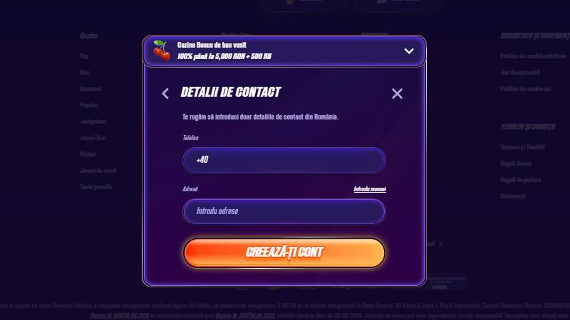 Pasul 4 de înregistrare Zinx casino, cu telefon și adresă