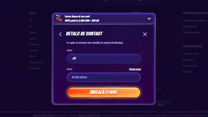 Pasul 4 de înregistrare Zinx casino - câmpuri telefon, adresa.
