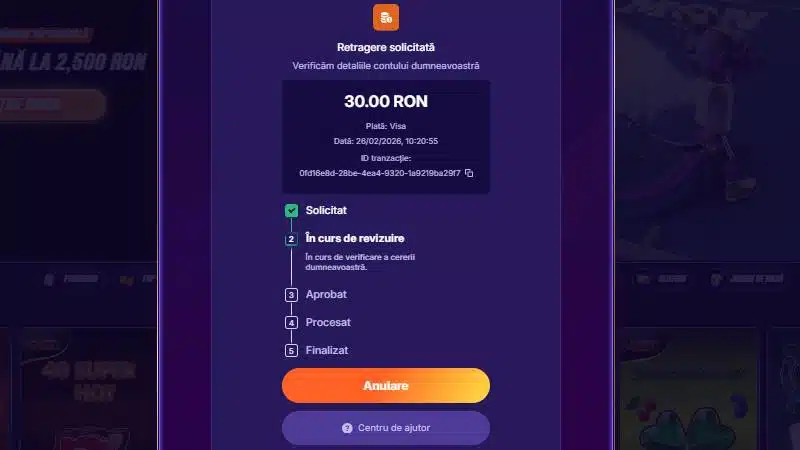 Retragere Zinx casino în curs de procesare - 30 RON pe Visa, statusul Solicitat confirmat, în curs de revizuire