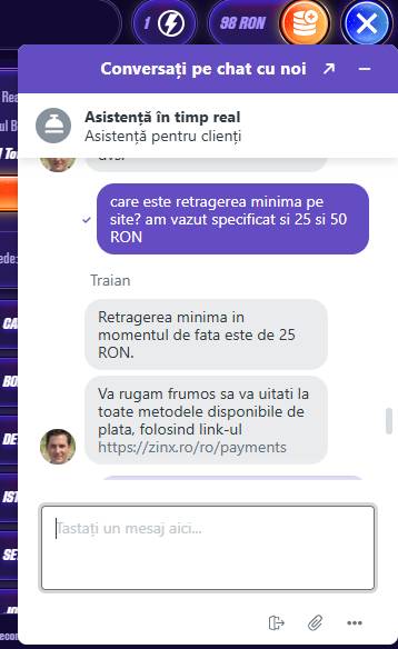Conversație pe live chat Zinx despre metodele de retragere disponibile