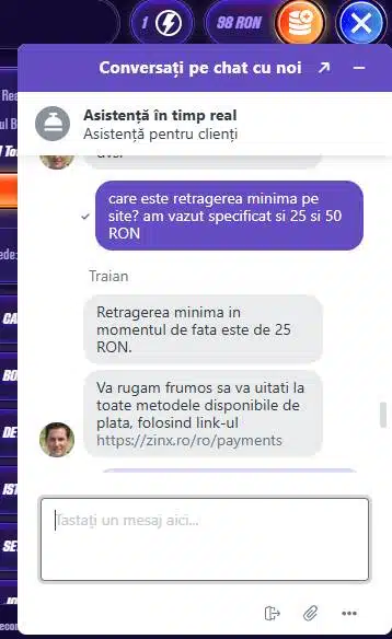 Conversație live chat Zinx casino - confirmare retragere minimă 25 RON de la agentul de suport
